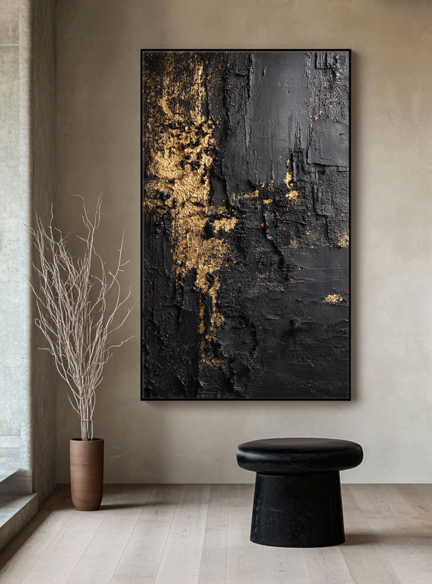 Modern Black and Gold Abstract Textured Wall Art, Thick Impasto Dark Luxury Canvas Painting, Heavy Knife Marks Bold Gold Accent Details Monochrome Rich Tone Artwork for Living Room Bedroom Office Dining Room Hallway