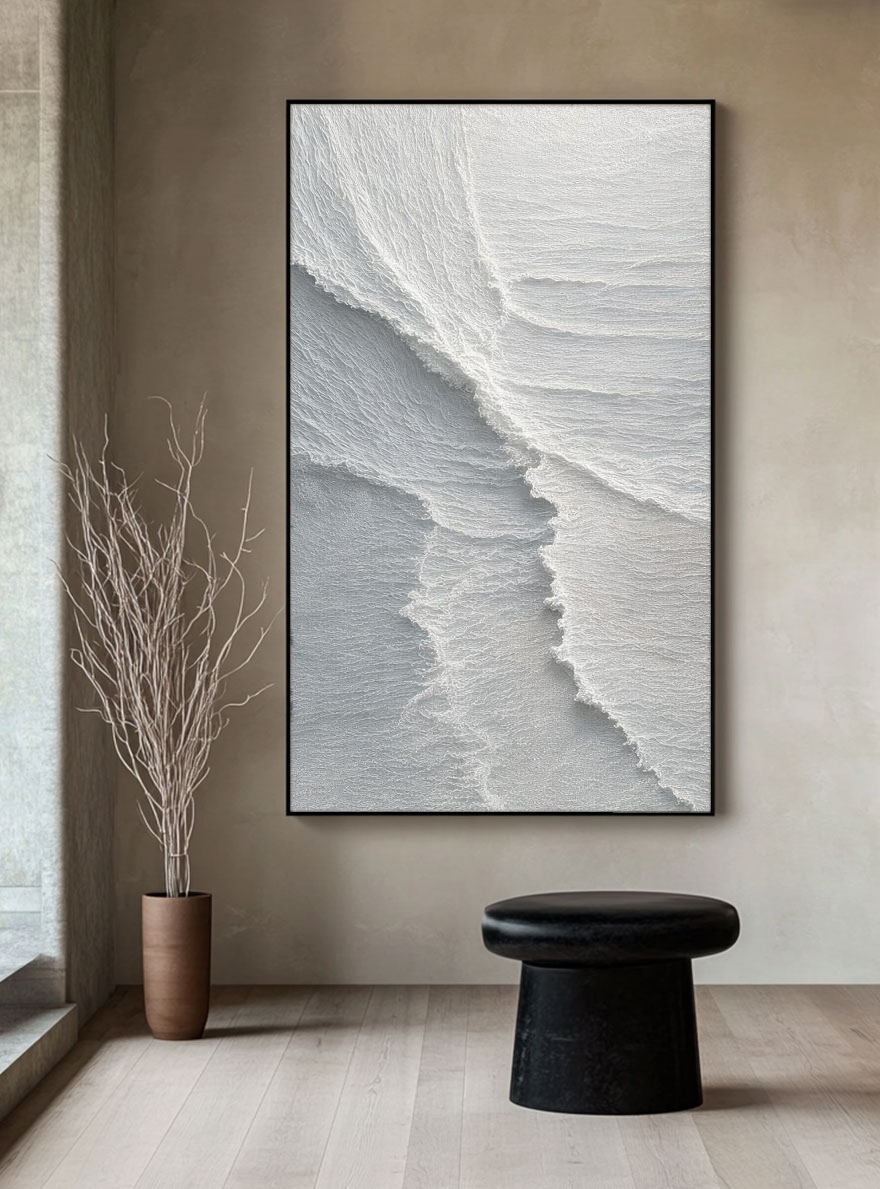 Minimalist Abstract White Light Grey Textured Impasto Wall Art – Soft Layered Neutral Waves Calming Modern Home Decor for Contemporary Office, Hallway, Bedroom, Living Room & Dining Room
