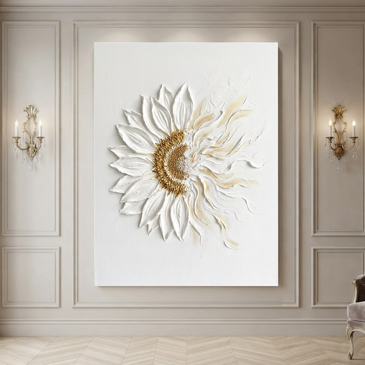 White and Gold Textured 3D Relief Flower Vertical Wall Art for Living Room or Bedroom