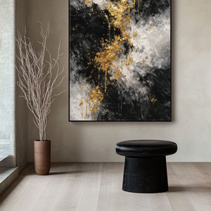 Black White Gold Abstract Thick Textured Impasto Canvas Wall Art, Modern Luxury Vertical Framed Artwork for Contemporary Home Decor, Living Room Bedroom Dining Hallway Office Accent