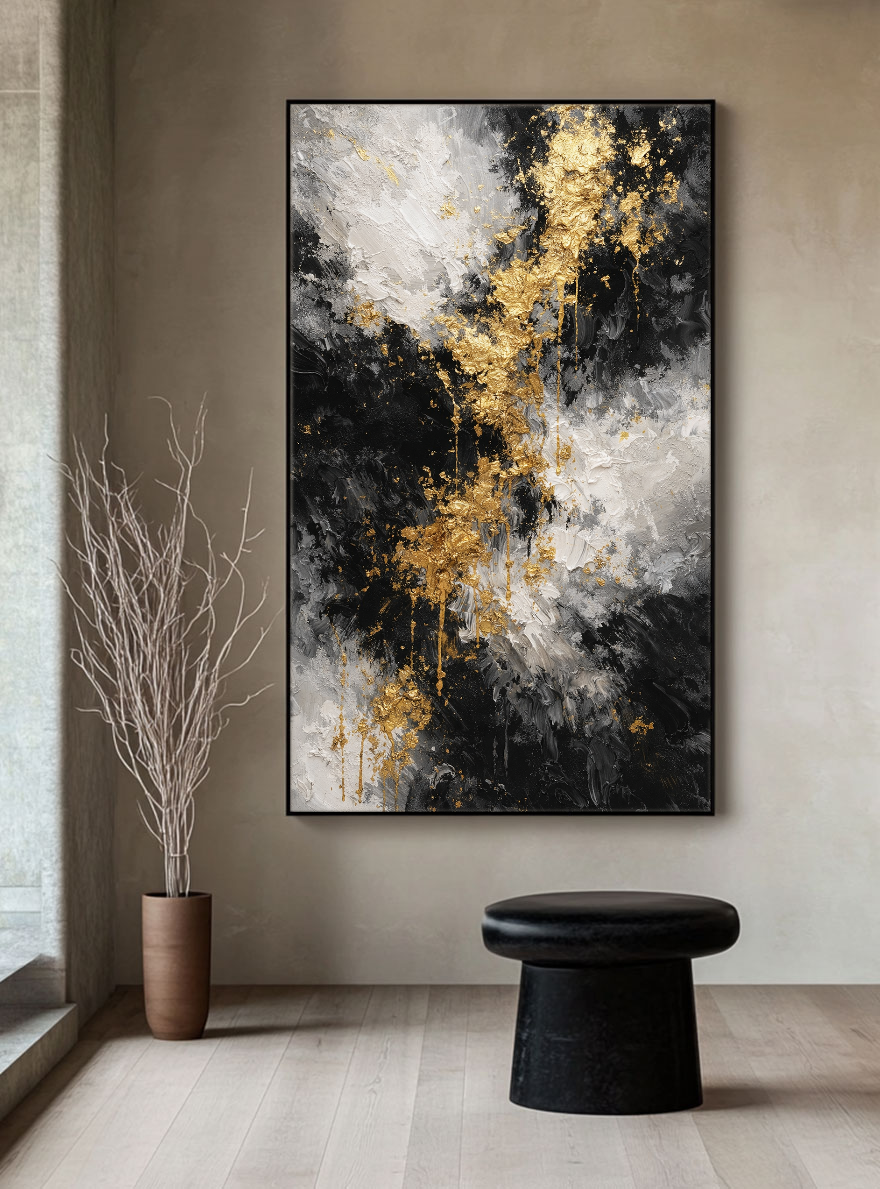 Black White Gold Abstract Thick Textured Impasto Canvas Wall Art, Modern Luxury Vertical Framed Artwork for Contemporary Home Decor, Living Room Bedroom Dining Hallway Office Accent