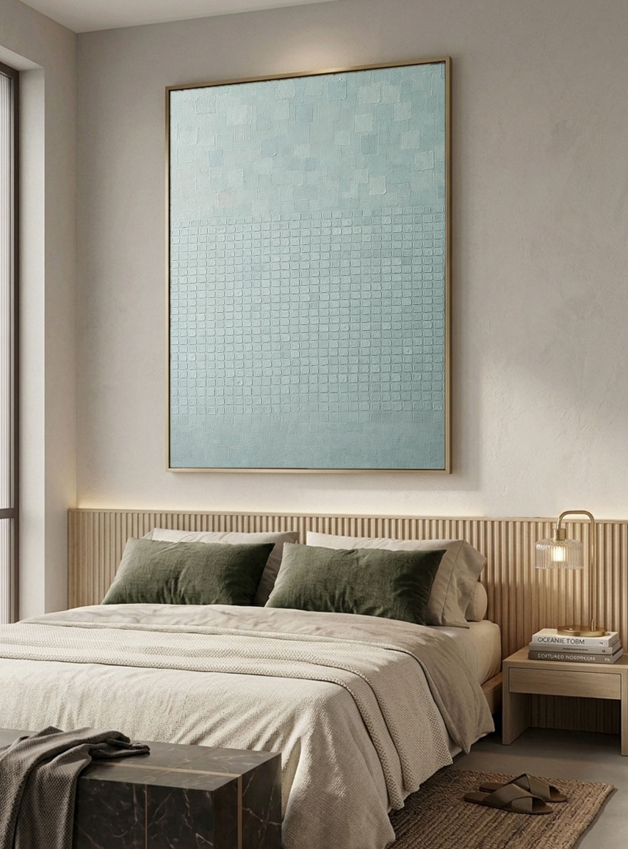 Minimalist Light Blue-Grey Geometric Abstract Textured Wall Art, Subtle Modern Grid and Irregular Block Pattern, Muted Contemporary Wall Decor for Calm Spaces