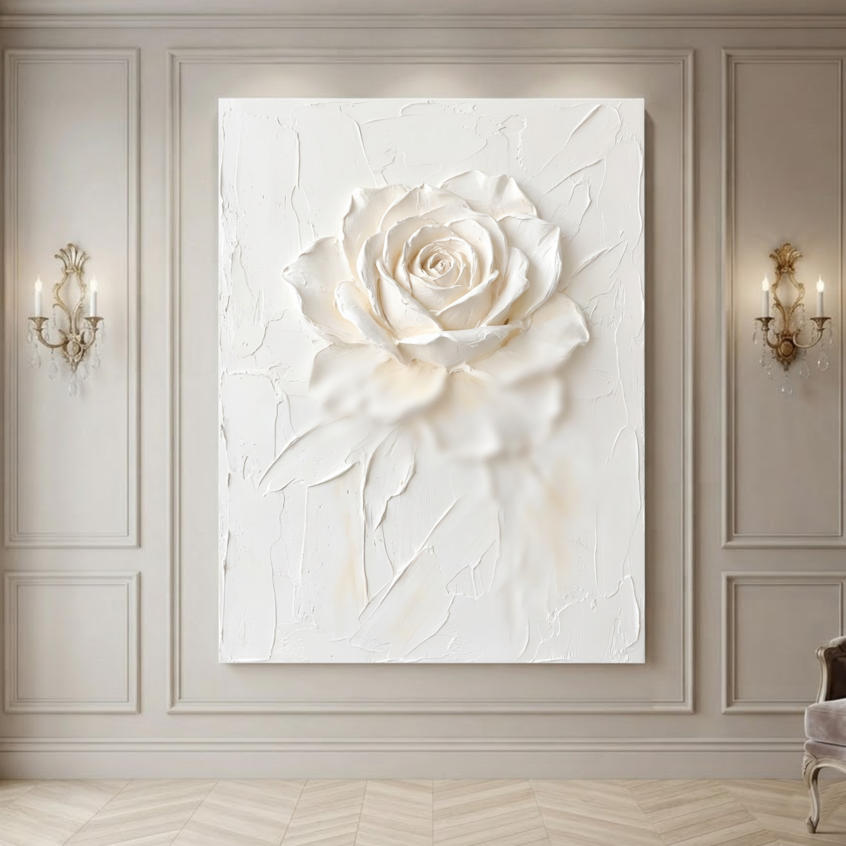 White And Light Beige Textured 3D Relief Flower Vertical Wall Art For Bedroom Living Room