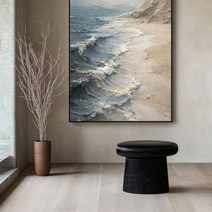 Textured Blue Beige White Coastal Beach Ocean And Sky Impasto Wall Art Abstract Neutral Decorative Artwork Modern Minimalist Landscape Painting For Living Room Bedroom Office Dining Room