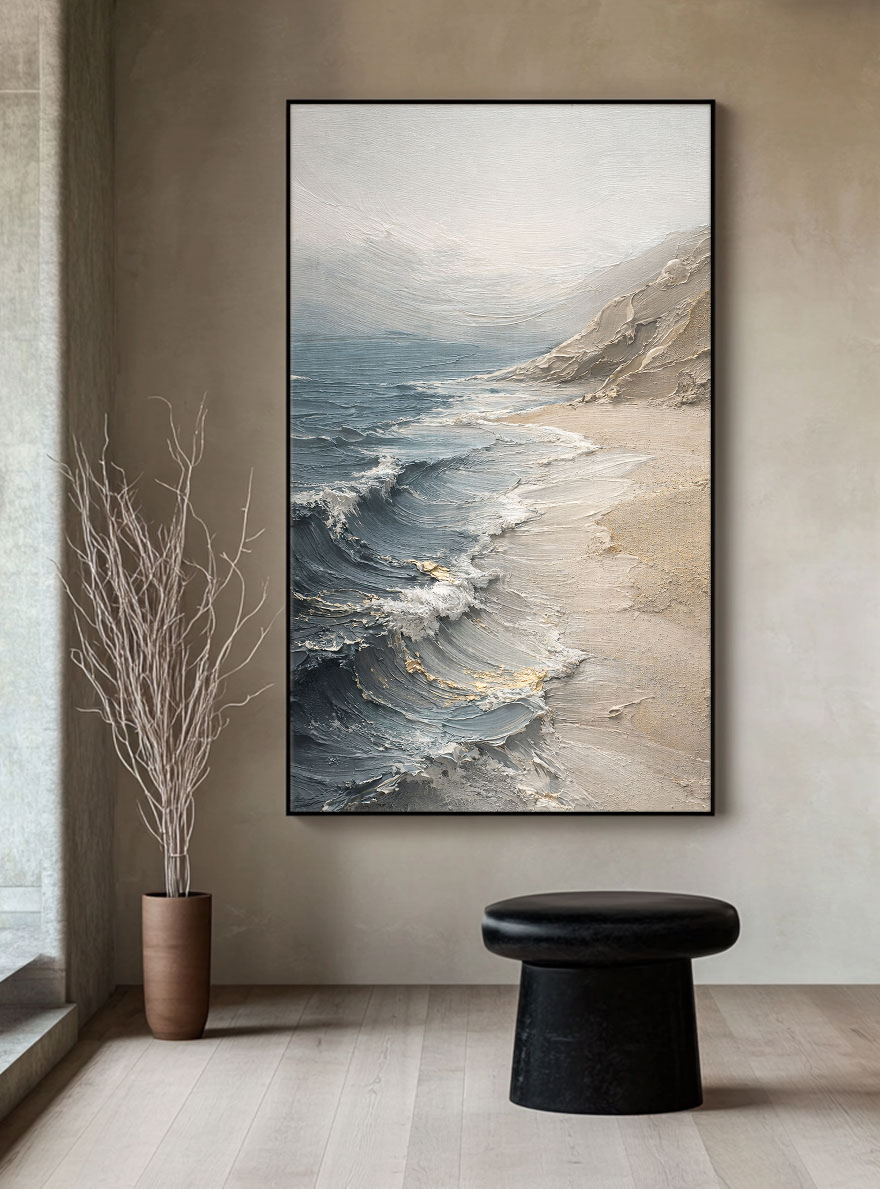 Textured Blue Beige White Coastal Beach Ocean And Sky Impasto Wall Art Abstract Neutral Decorative Artwork Modern Minimalist Landscape Painting For Living Room Bedroom Office Dining Room