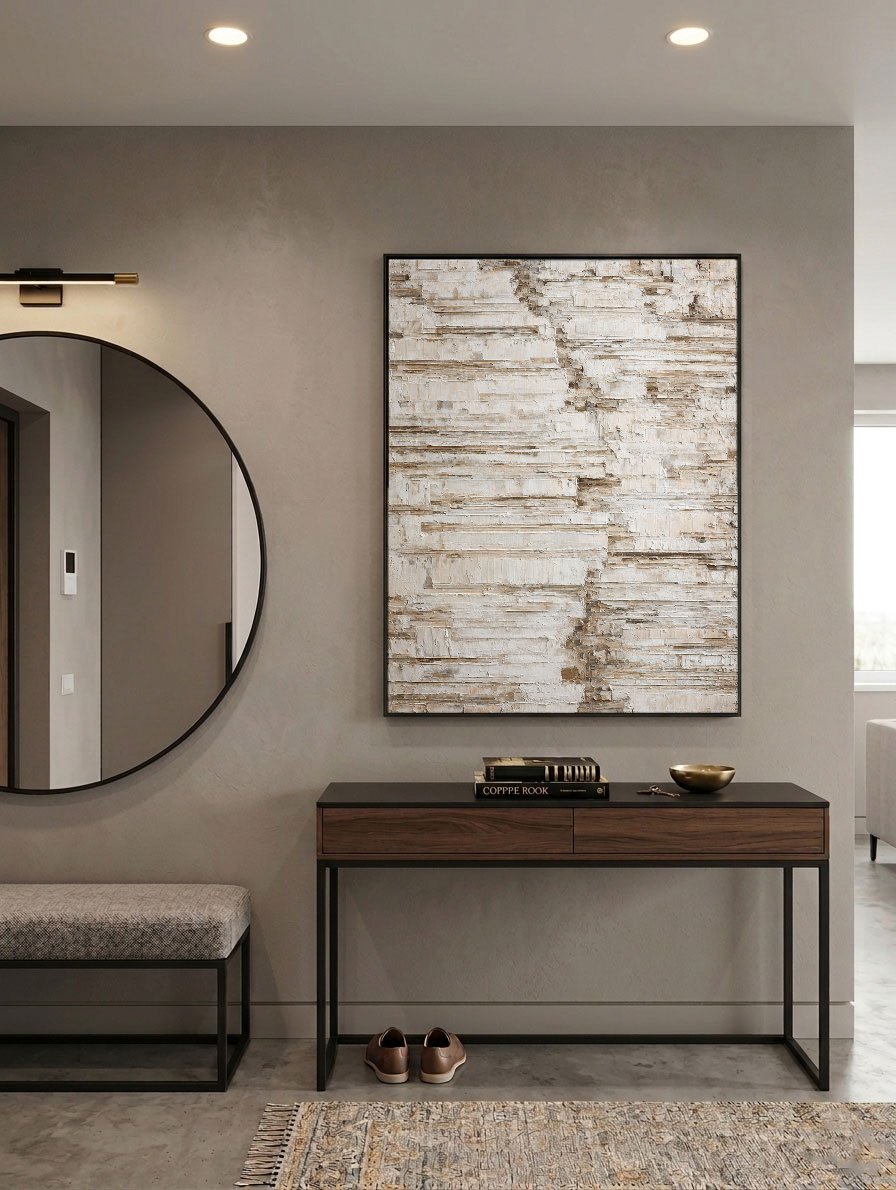 Minimalist Neutral Abstract Textured Canvas Wall Art for Modern Home Decor, Impasto Paint with Thick Brush/Knife Stacked Layers, Beige White Brown Earth Tone Block Pattern, Framed Wabi-Sabi Inspired Wall Decor for Living Room Bedroom Office Hallway