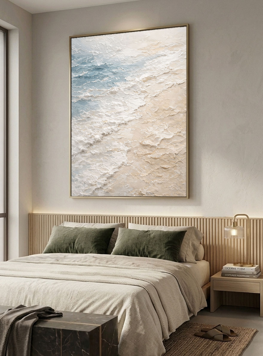 Thick Impasto Ocean and Sky Beach Textured Wall Art, Abstract Coastal Painting with Blue, White, Beige Waves, Calm Modern Framed Seascape Artwork for Living Room Bedroom Office Hallway Dining Room