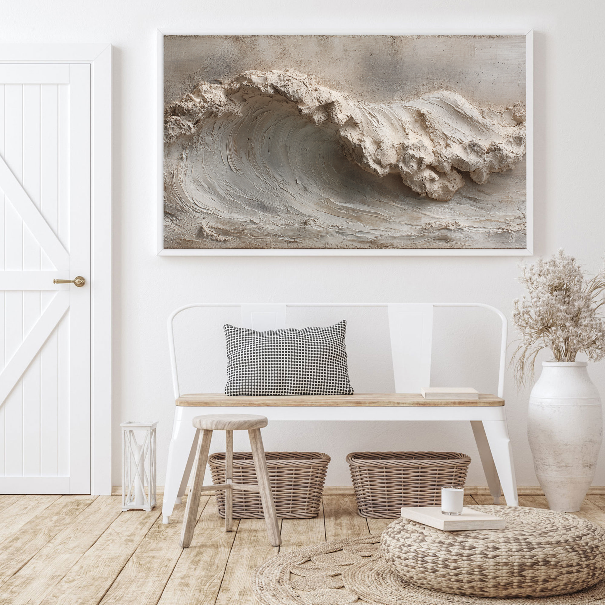 Textured Plaster 3D Relief Abstract Ocean Wave Wall Art Neutral Beige White Light Grey Modern Minimalist Wabi Sabi Stucco Decor for Living Room Bedroom Office Dining Room Hallway