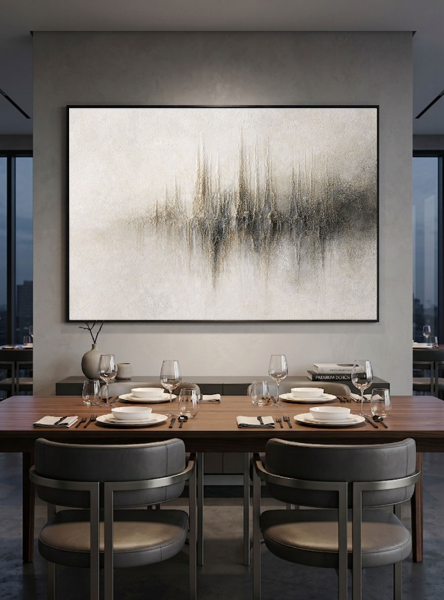 Abstract Beige Skyline Textured Canvas Painting - Hand-Painted Central Ridge Art