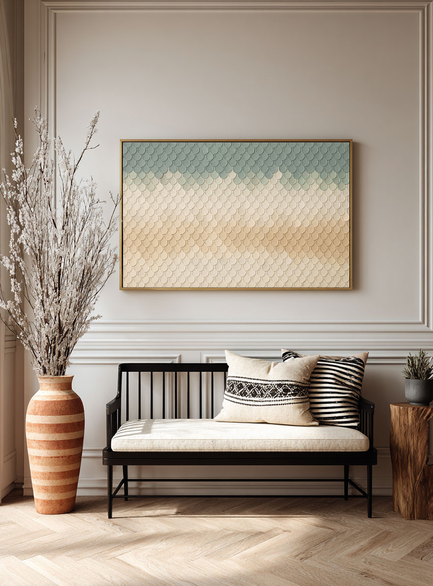 Sage Green and Beige Scallop Pattern Canvas Art - Hand-Painted 3D Relief