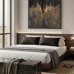 Moody Black Dark Grey Brown Gold Abstract Textured Wall Art Modern Dark Minimalist Impasto Canvas Painting for Contemporary Office Hallway Dining Room Bedroom Living Room Decor