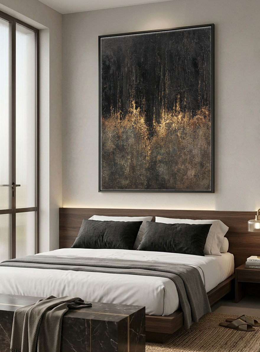 Moody Black Dark Grey Brown Gold Abstract Textured Wall Art Modern Dark Minimalist Impasto Canvas Painting for Contemporary Office Hallway Dining Room Bedroom Living Room Decor