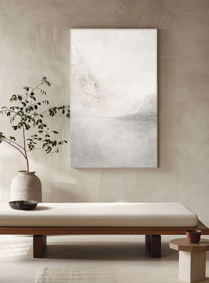 Minimalist Abstract Textured Beige White Light Grey Landscape Plaster Framed Wall Art for Modern Living Room Bedroom Office Neutral Decor