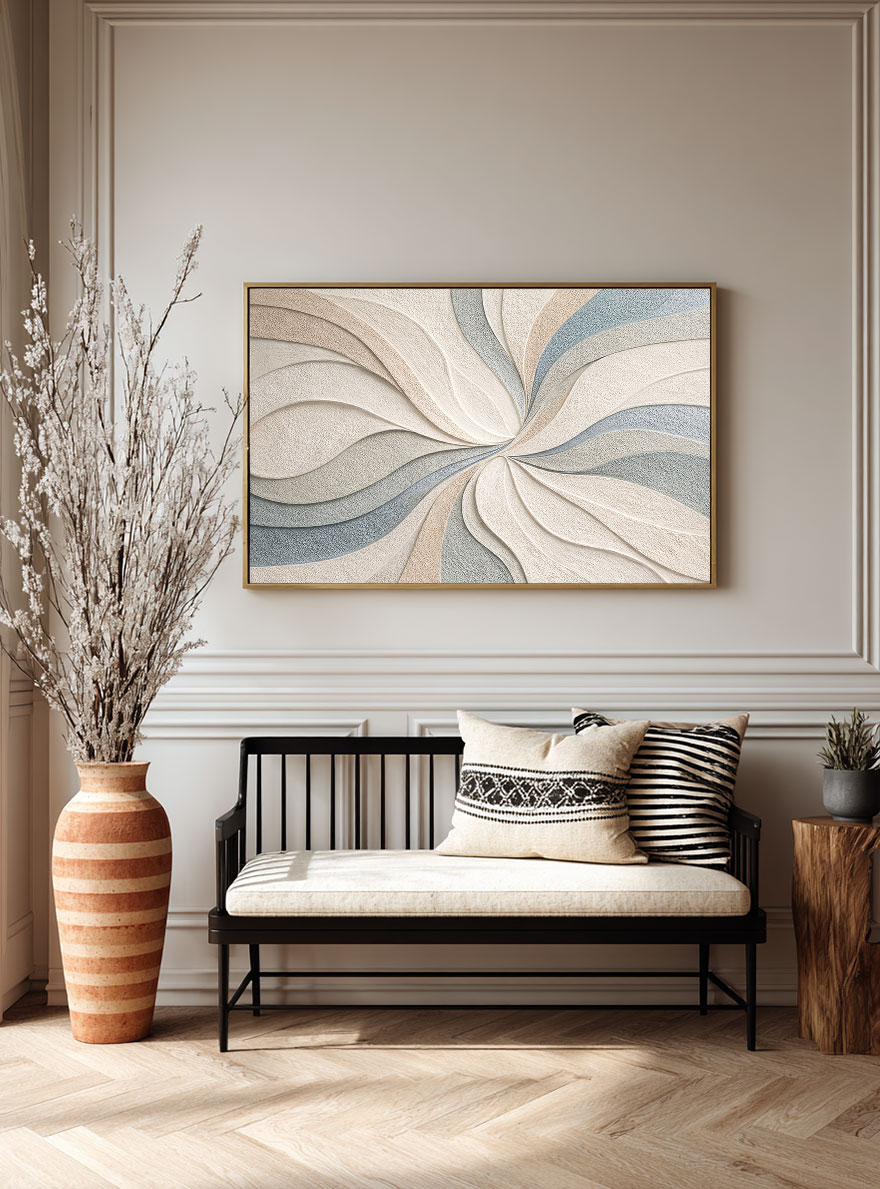 Abstract Blue Beige White Light Grey Textured Swirling Curved Lines Framed Canvas Wall Art - Modern Minimalist Neutral Decor for Living Room Bedroom Office Dining Room Hallway, 200-255 chars placeholder ends