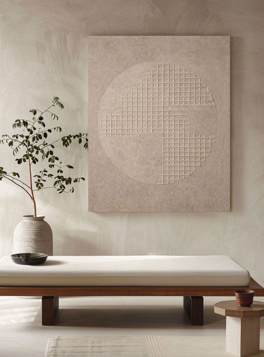 Minimalist Neutral Beige Geometric Textured Wall Art Modern Abstract Grid Circle Relief Artwork Wabi-Sabi Style Elegant Subtle Tonal Decor for Office Living Room Bedroom Dining Room Hallway