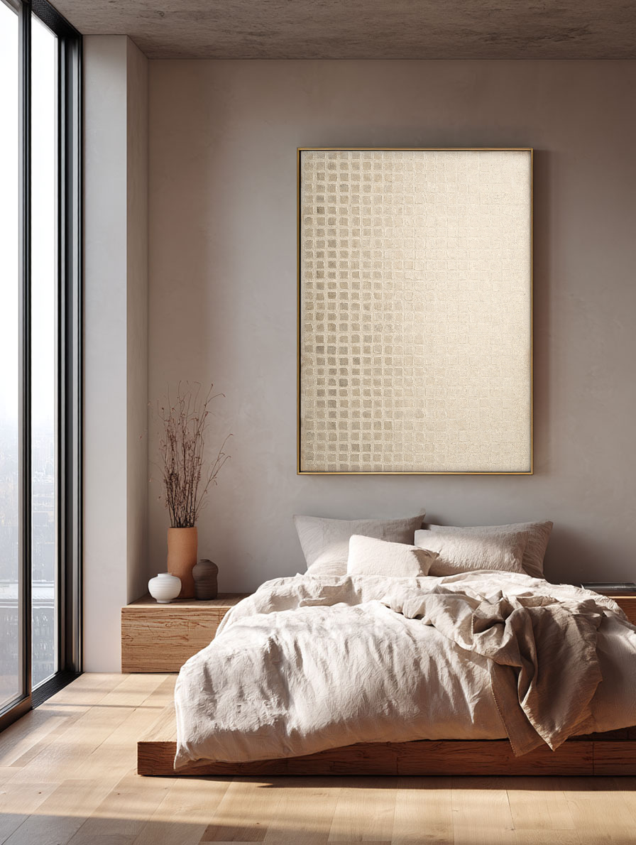 Minimalist Asymmetrical Geometric Grid Abstract Wall Art, Soft Beige Light Medium Grey Muted Tones Textured Canvas Art, Modern Rustic Neutral Decor for Office Hallway Dining Room Bedroom Living Room