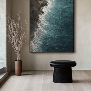Abstract Textured Ocean Shore Wall Art Blue Brown White Waves Coastal Seaside Thick Knife Brush Impasto Painting for Home Decor Living Room Bedroom Dining Room Office Hallway