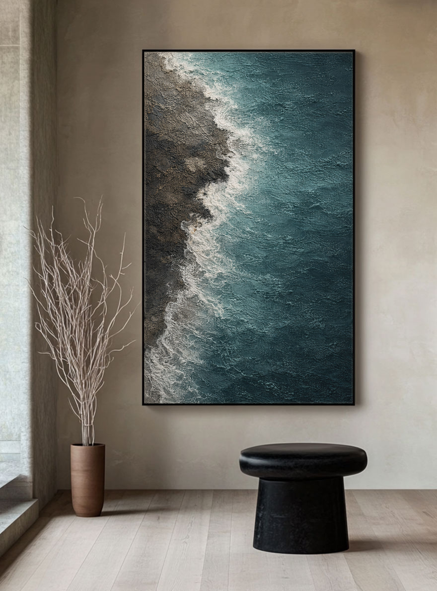 Abstract Textured Ocean Shore Wall Art Blue Brown White Waves Coastal Seaside Thick Knife Brush Impasto Painting for Home Decor Living Room Bedroom Dining Room Office Hallway