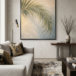 Minimalist Soft Muted Green Beige Palm Leaf Textured Framed Canvas Wall Art for Tranquil Home Decor
