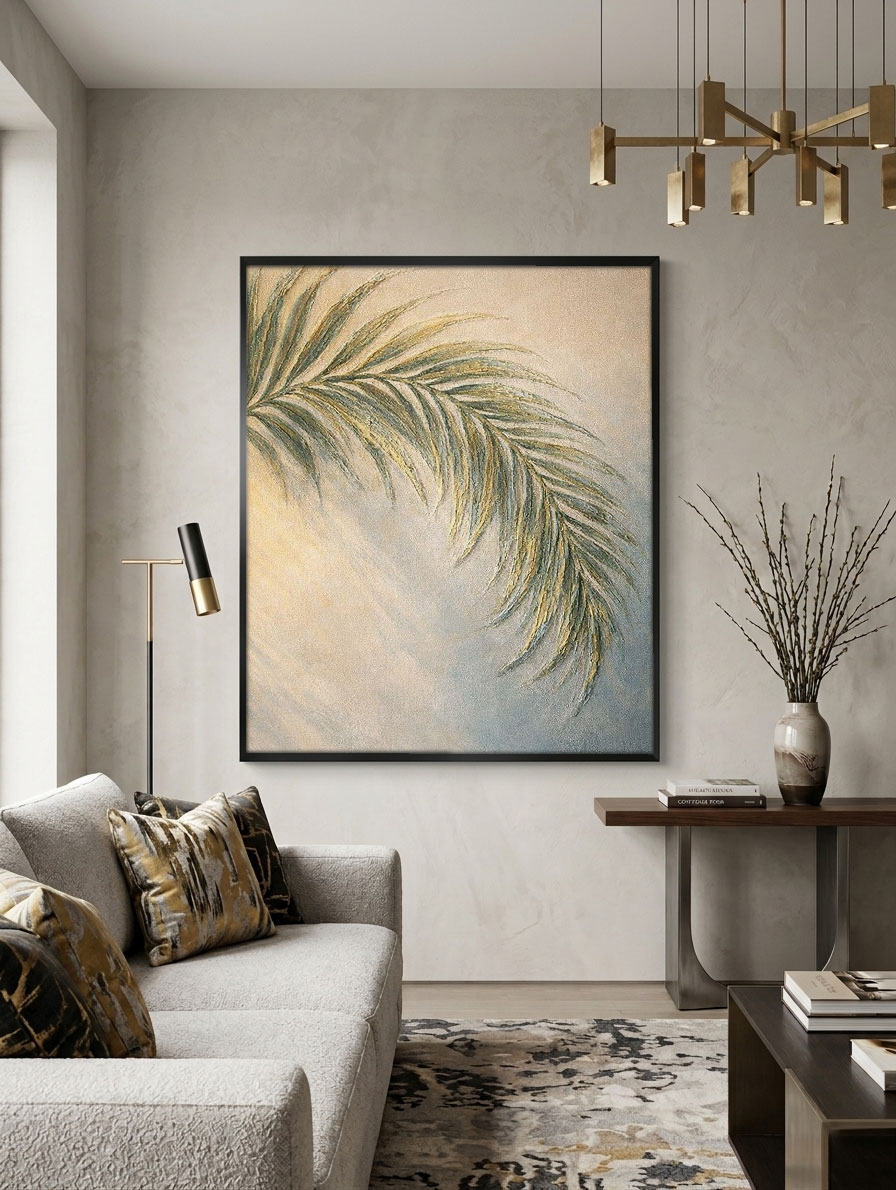 Minimalist Soft Muted Green Beige Palm Leaf Textured Framed Canvas Wall Art for Tranquil Home Decor
