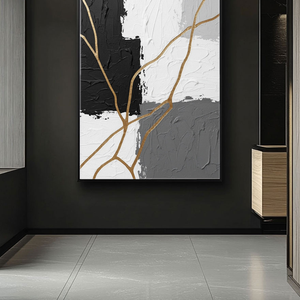 Black White Grey Gold Abstract Textured Impasto Wall Art Bold Contrast Thick Knife Brush Marks Modern Minimalist Painting Contemporary Home Office Living Room Bedroom Hallway Dining Room Decor