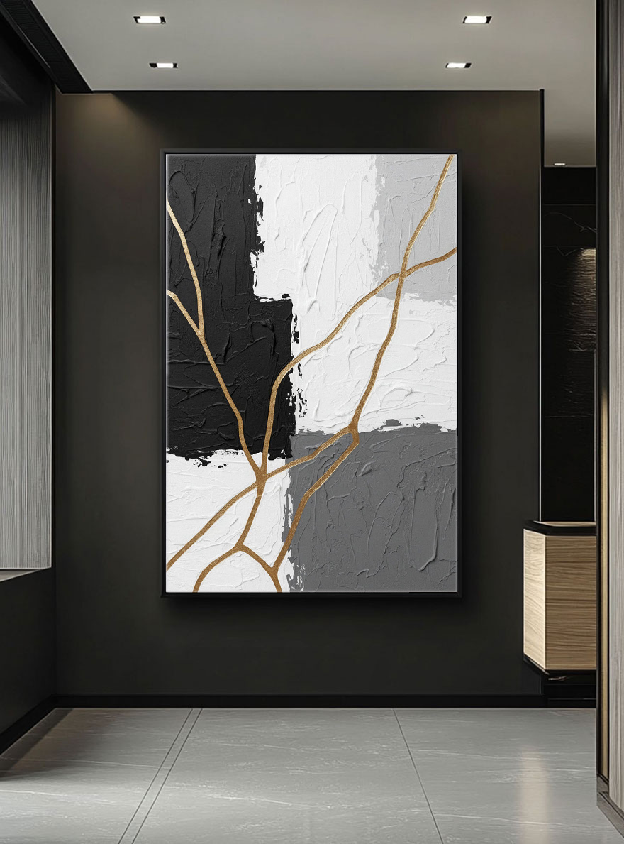 Black White Grey Gold Abstract Textured Impasto Wall Art Bold Contrast Thick Knife Brush Marks Modern Minimalist Painting Contemporary Home Office Living Room Bedroom Hallway Dining Room Decor