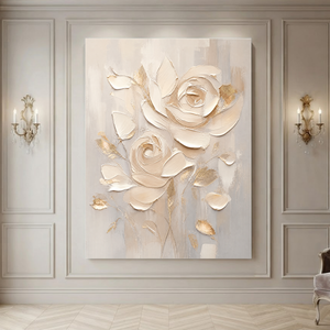 Flower and Tree Textured Beige Soft Gray Gold Acrylic-Style 3D Relief Vertical Wall Art for Living Room