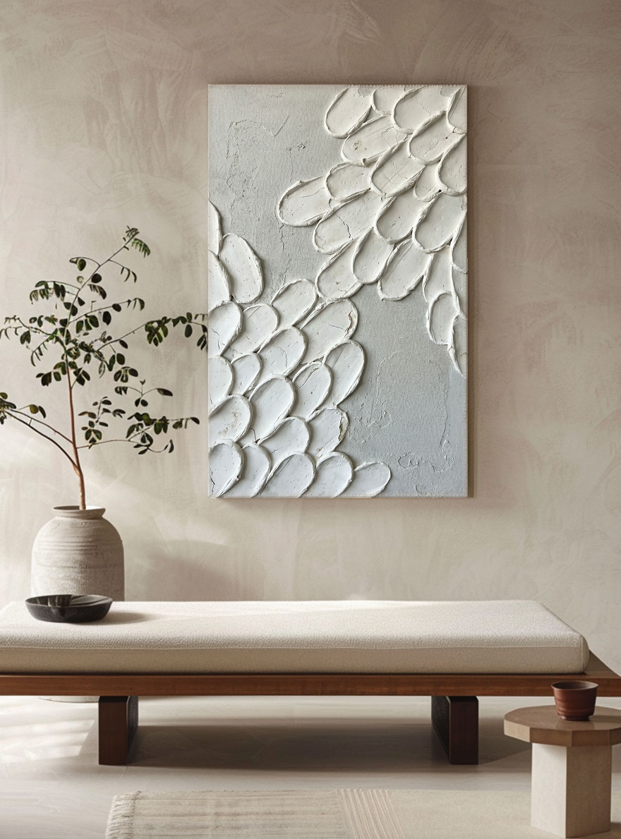 Minimalist Abstract Organic Textured Wall Art, Thick White Impasto Petal Scale Forms on Soft Light Grey Canvas Base, Modern Neutral Non-Representational Home Decor, 3D Brush Stroke Detail, Office, Living Room, Bedroom Decor
