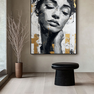 Black and White Gold Accent Textured Portrait Woman with Floral Crown Impasto Canvas Wall Art for Modern Living Room Bedroom Office Dining Hallway Decor