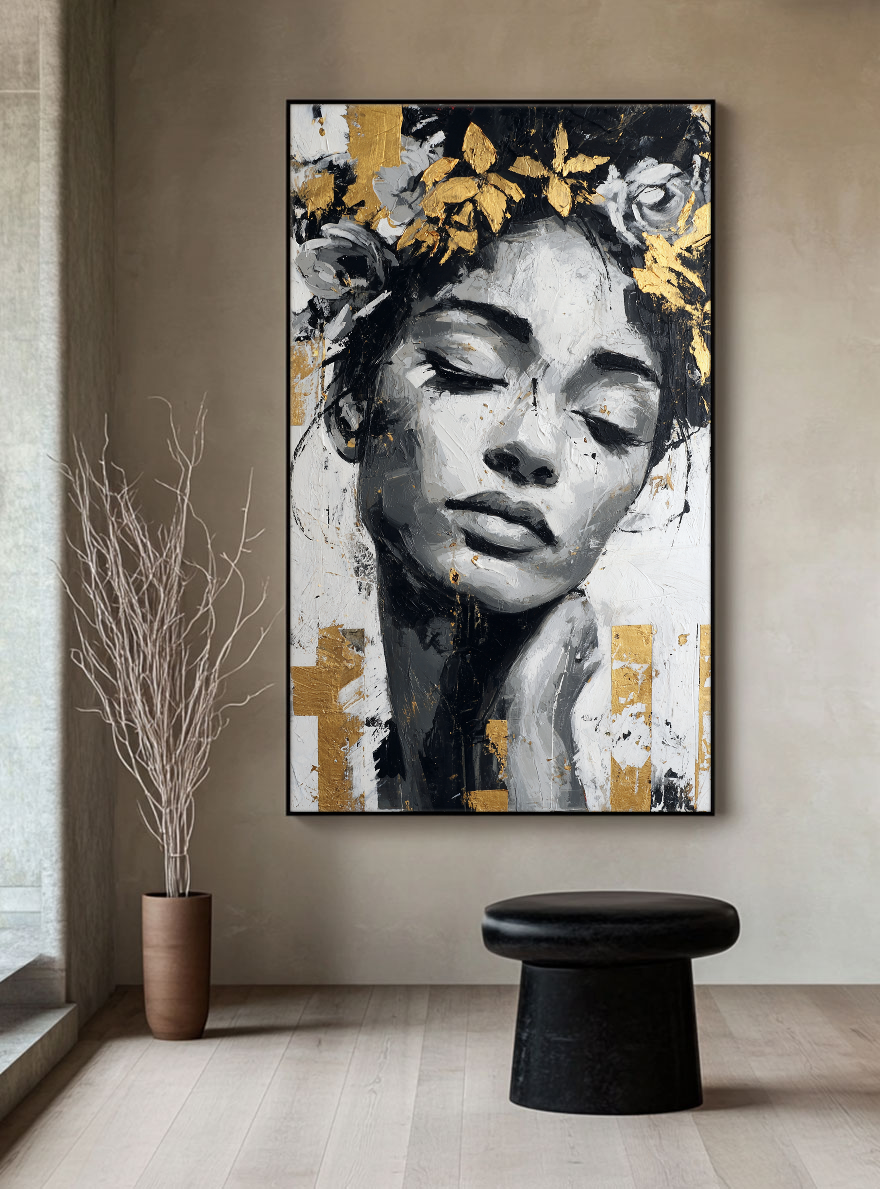 Black and White Gold Accent Textured Portrait Woman with Floral Crown Impasto Canvas Wall Art for Modern Living Room Bedroom Office Dining Hallway Decor