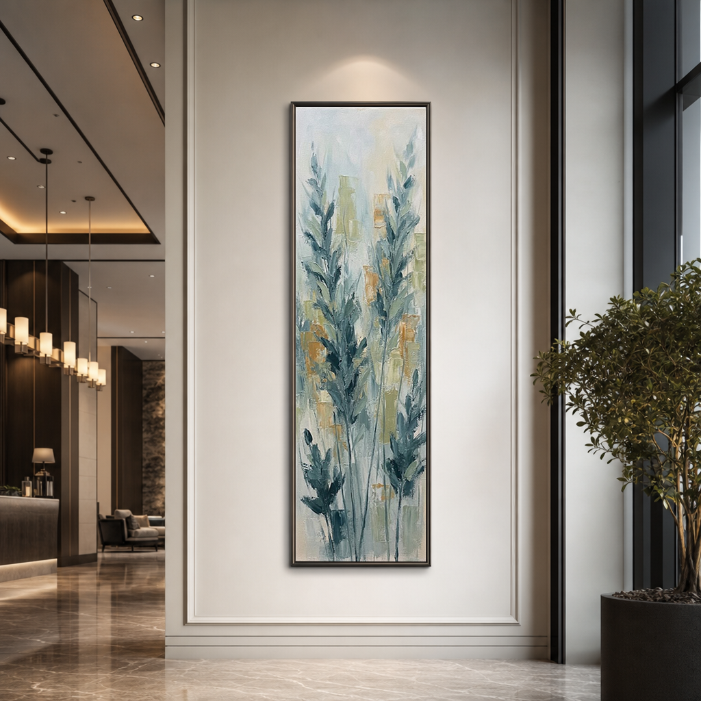 Narrow Vertical Framed Teal Blue Wheat Stalks Impasto Textured Wall Art with Beige White Gold Background for Modern Farmhouse Coastal Minimalist Living Spaces Hallway Bedroom Dining Room Office
