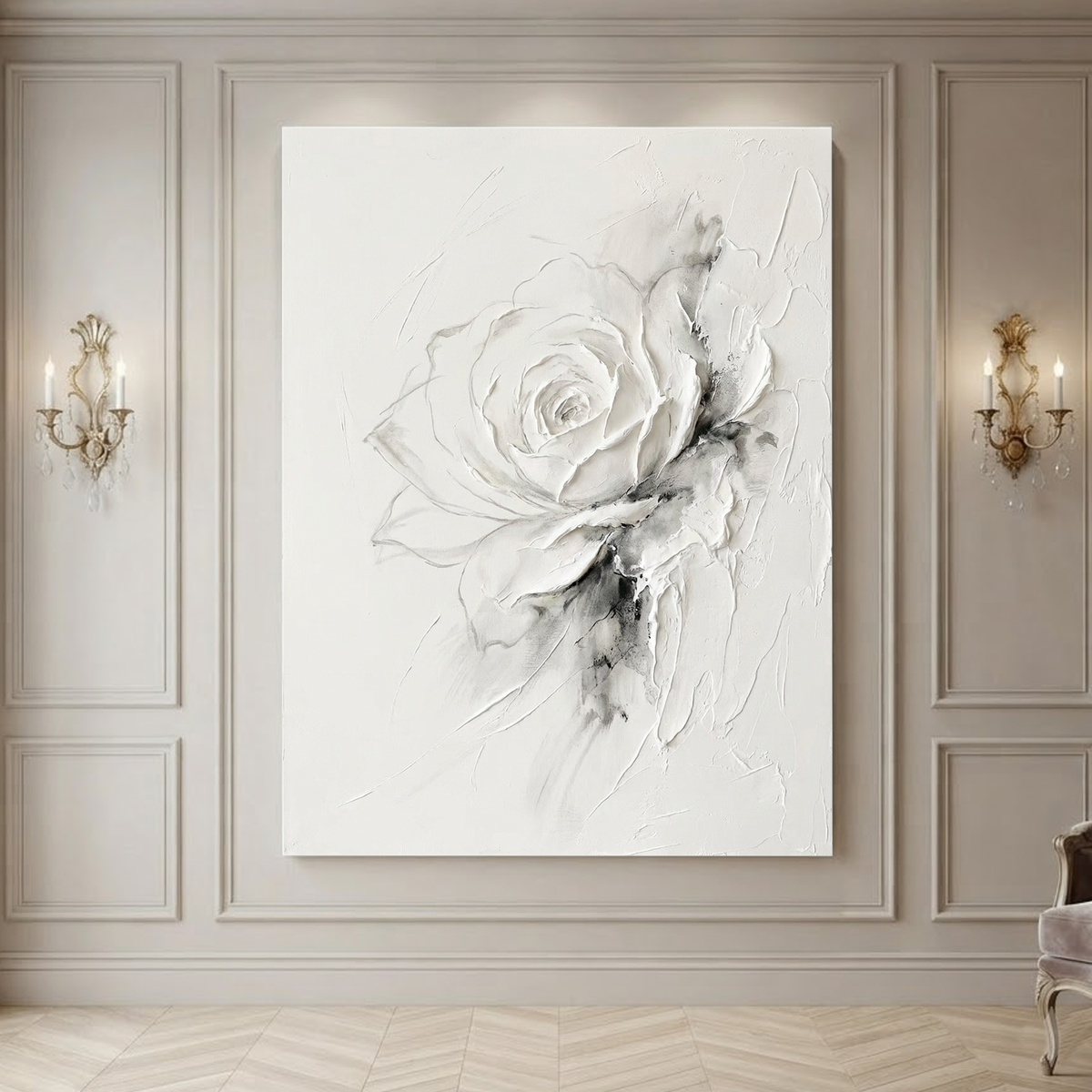 White Gray Abstract Flower Plaster Texture Vertical Wall Art for Bedroom Living Room