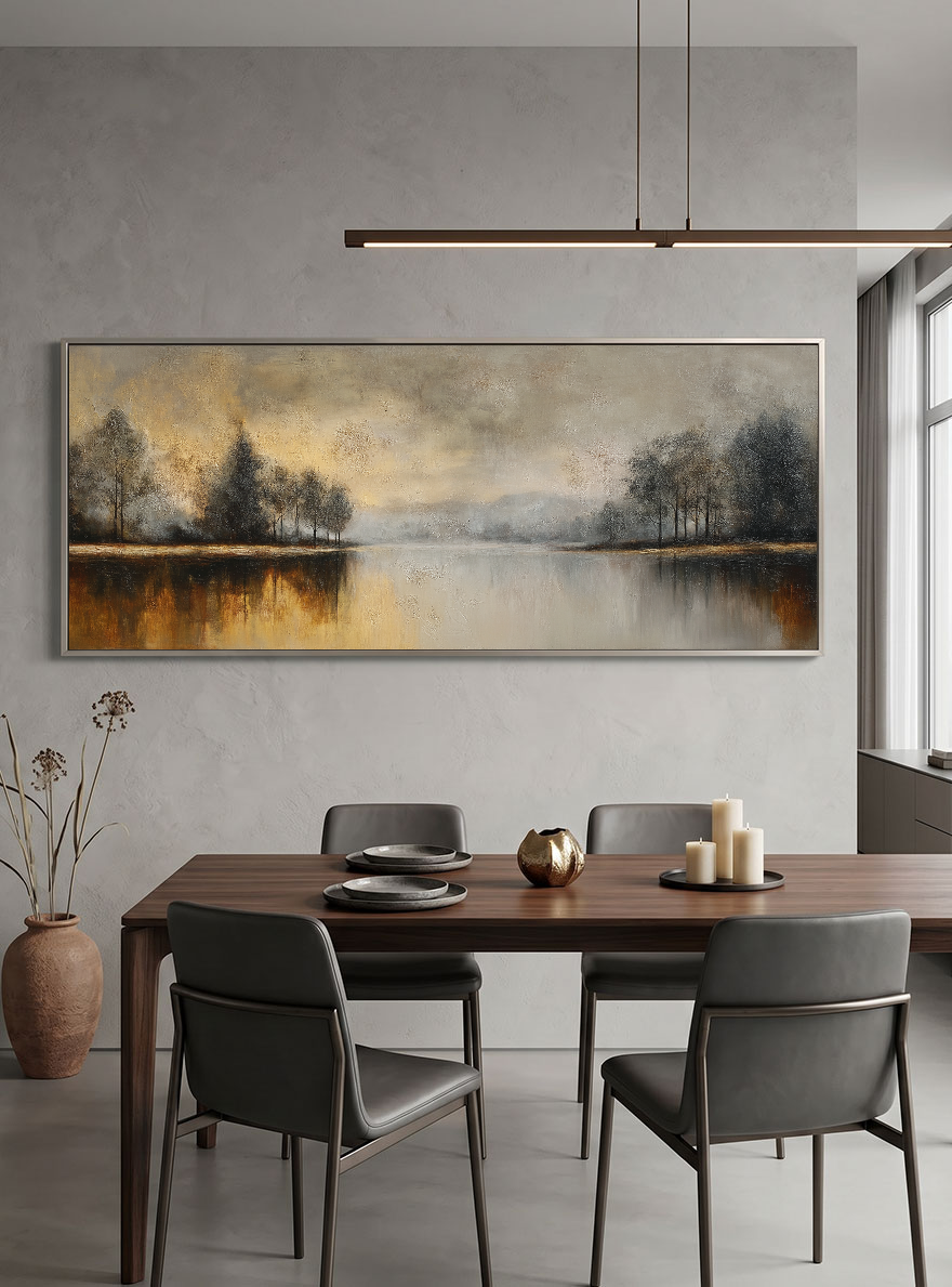 Vintage Landscape Painting of Misty Lake and Trees - Hand-Painted