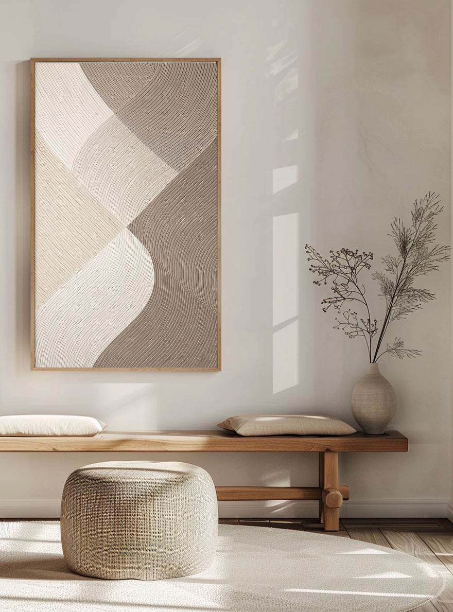 Modern Minimalist Abstract Curved Waves Neutral Beige Brown White Textured Framed Wall Art, Elegant Handcrafted Geometric Line Painting for Contemporary Home Decor