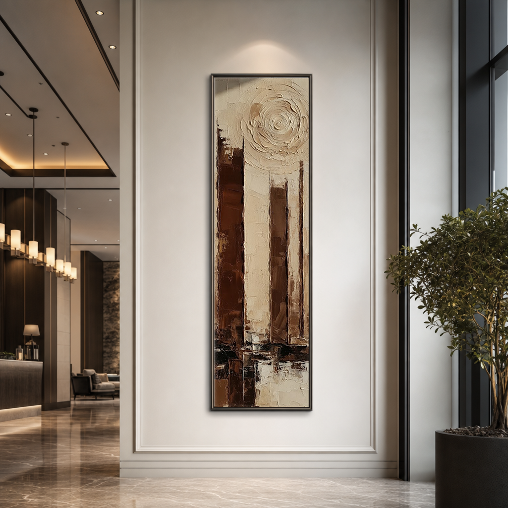 Tall Narrow Abstract Urban Landscape Impasto Wall Art Textured Brown Beige Black White Vertical Framed Artwork for Modern Living Room Office Hallway Bedroom Dining Room