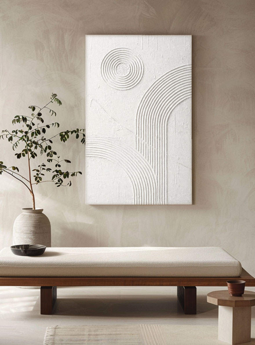 Minimalist White Textured Abstract Geometry and Lines Wall Art, Neutral Asymmetrical Relief Artwork for Modern Home & Office Decor, Wabi Sabi Inspired Plaster Wall Hanging for Living Room Bedroom Dining Room Hallway