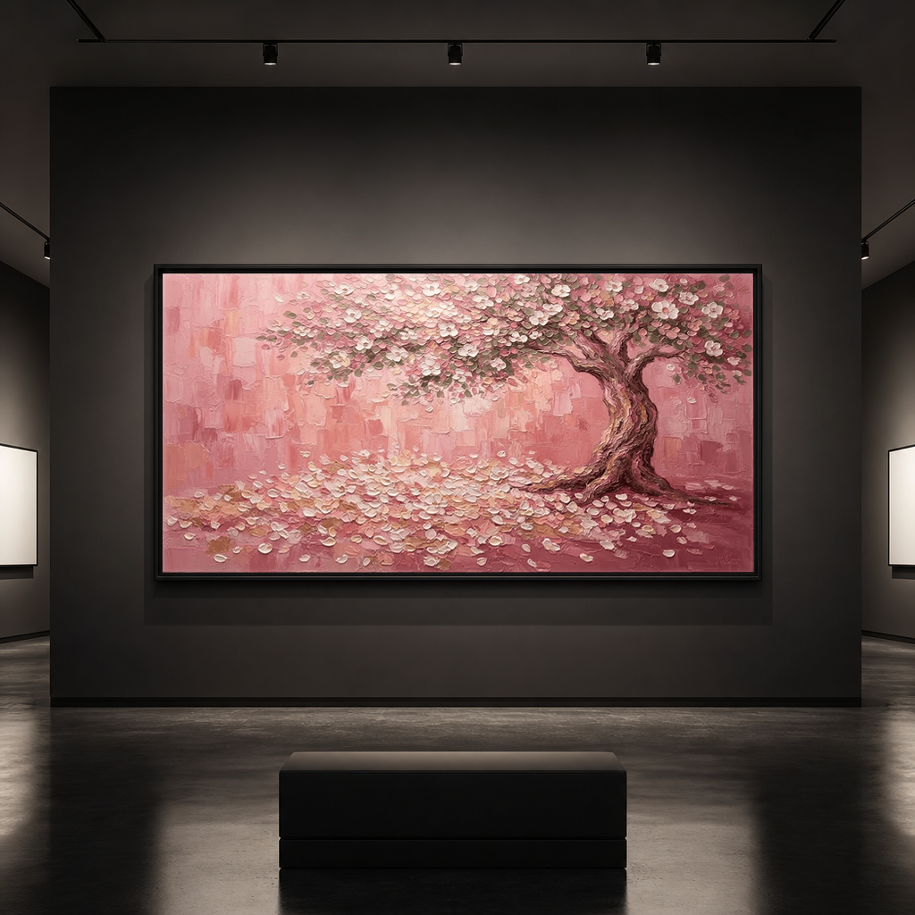 Pink Blossom Tree Impasto Art displayed in a minimalist art gallery setting