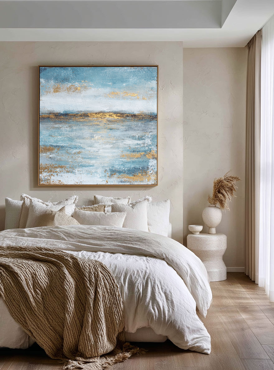 Abstract Blue and Gold Textured Ocean and Sky Canvas Wall Art Modern Minimalist Seascape Painting for Living Room Bedroom Office Dining Hallway Home Decor