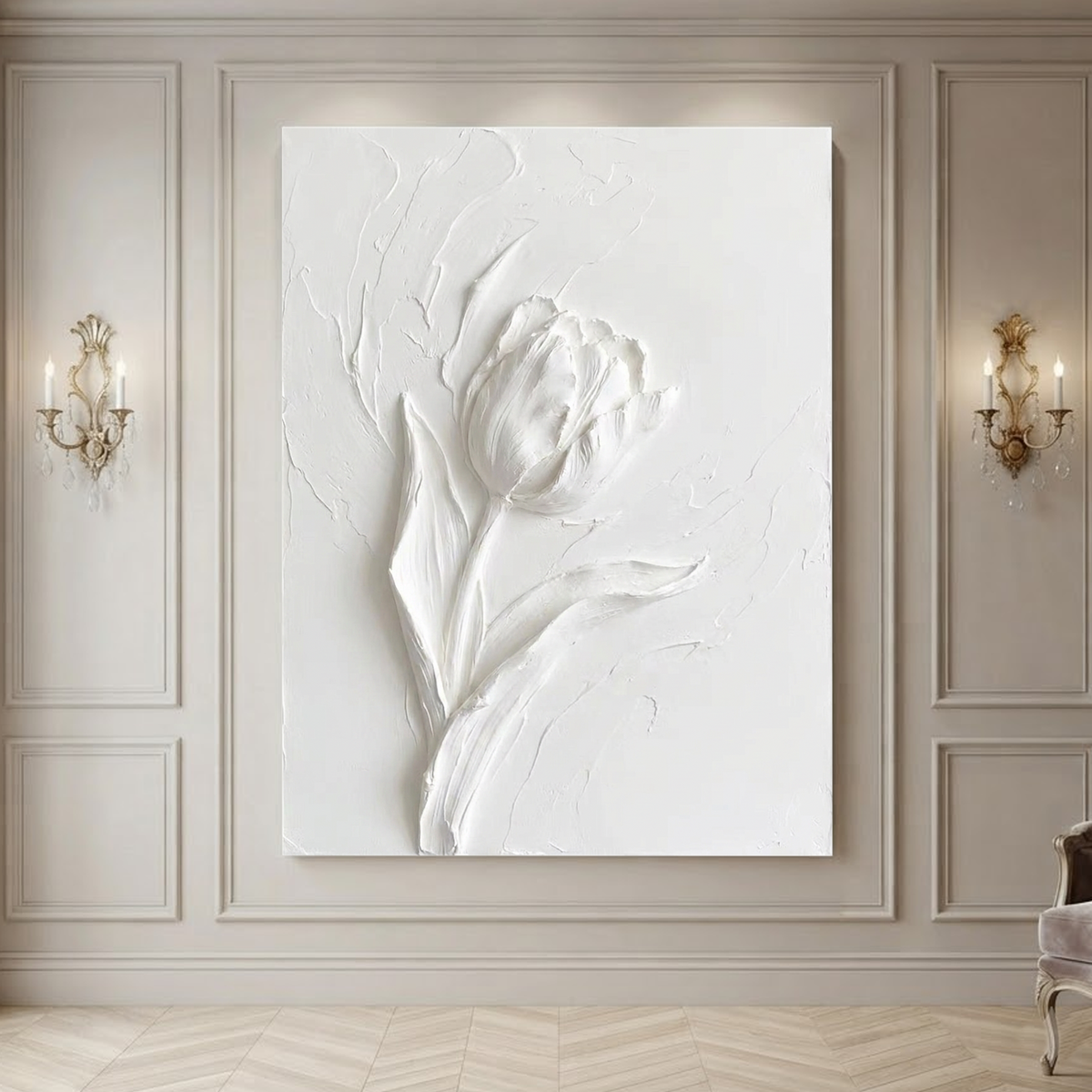 White Minimalist Textured Flower Vertical Wall Art with Plaster Texture for Bedroom and Living Room