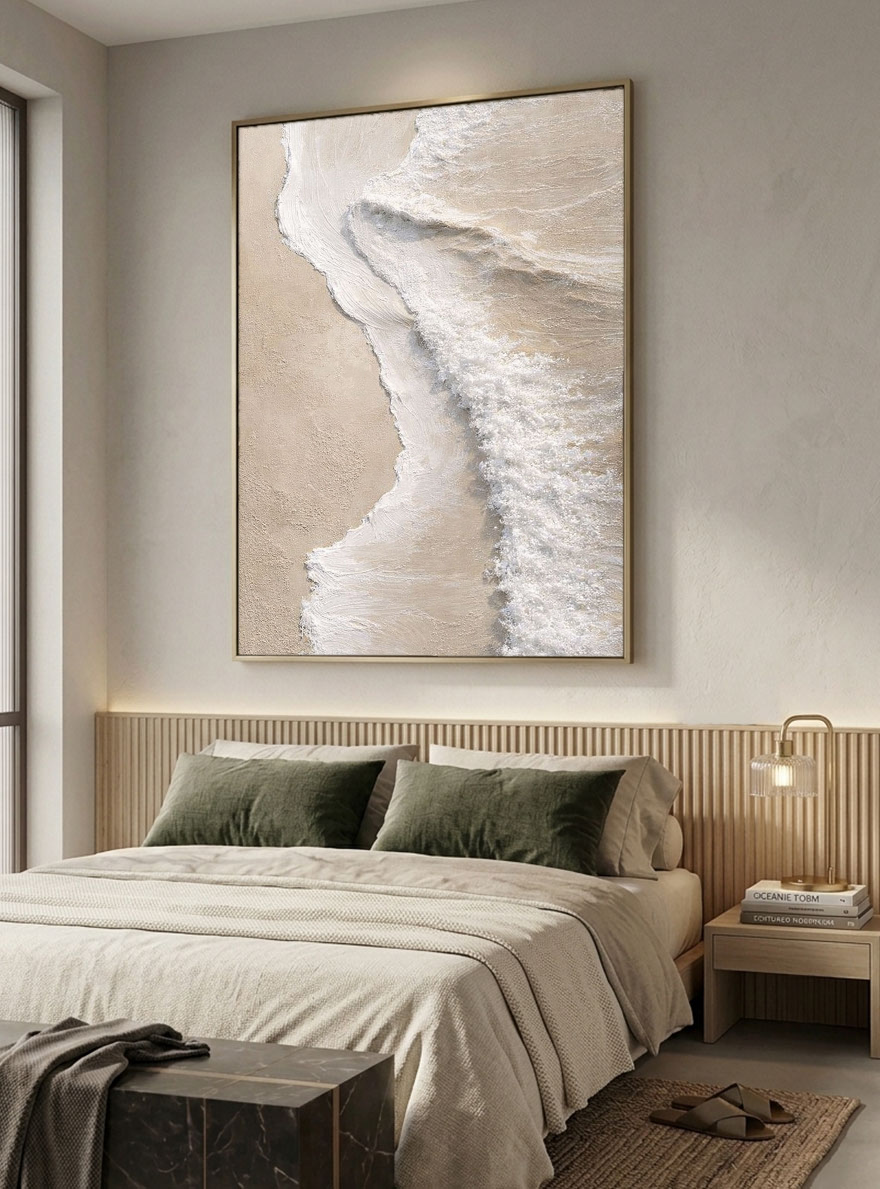 Minimalist Neutral Textured Ocean Beach Wave Canvas Wall Art, Thick Paint Impasto Coastal Landscape Artwork for Modern Home, Beige White Soft Tones Abstract Painting for Living Room Bedroom Office Decor