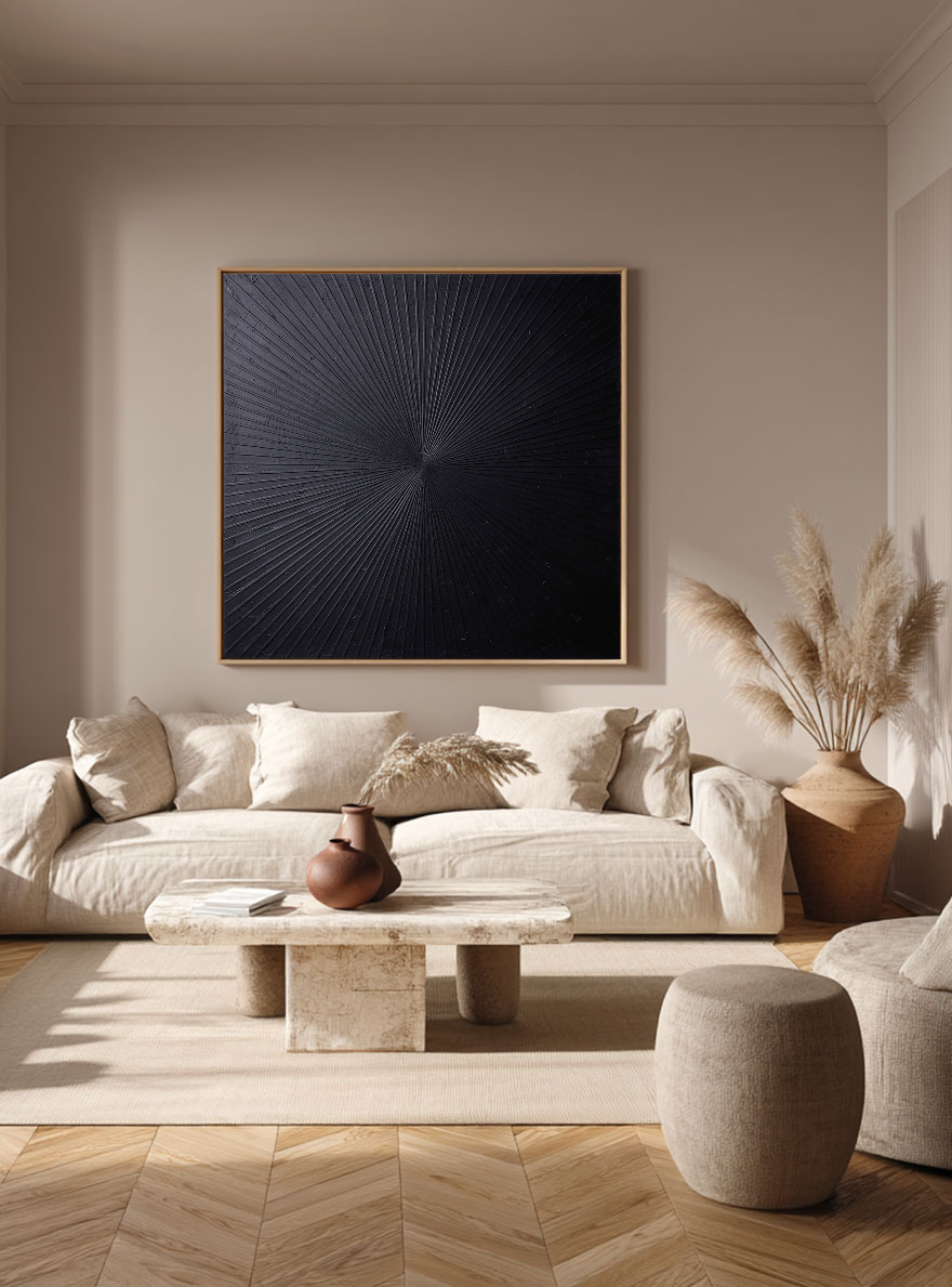 Minimalist Dark Grey Black Abstract Radiating Geometric Lines Textured Wall Art Modern Monochrome Knife Stroke Impasto for Contemporary Interiors Office Bedroom Living Room Dining Room Hallway Stylish Home Decor