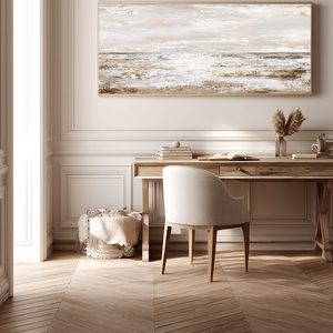 Abstract Coastal Ocean and Sky Landscape Textured Wall Art, Neutral Brown Beige White Light Grey Panoramic Large Canvas Print Artwork for Modern Home Decor, Living Room Bedroom Dining Room Office Hallway Wall Decoration
