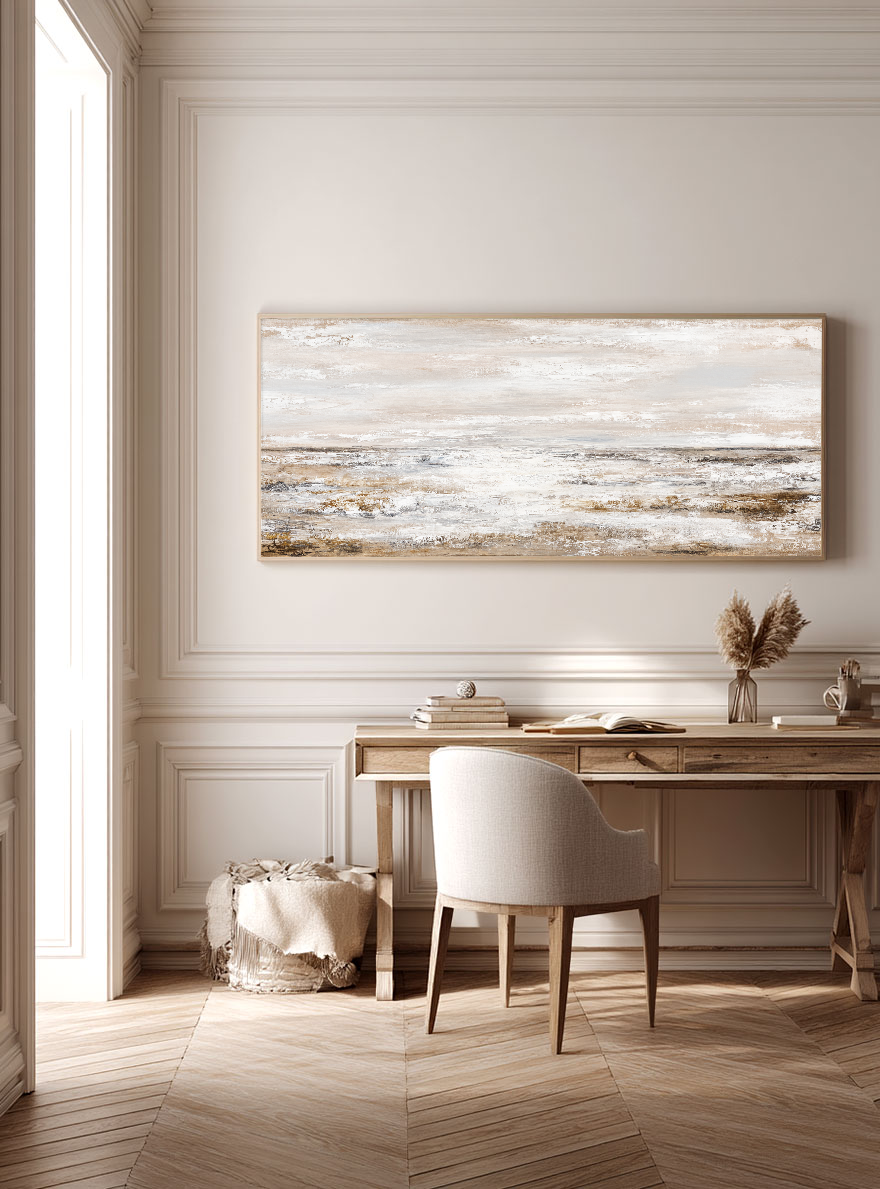 Abstract Coastal Ocean and Sky Landscape Textured Wall Art, Neutral Brown Beige White Light Grey Panoramic Large Canvas Print Artwork for Modern Home Decor, Living Room Bedroom Dining Room Office Hallway Wall Decoration