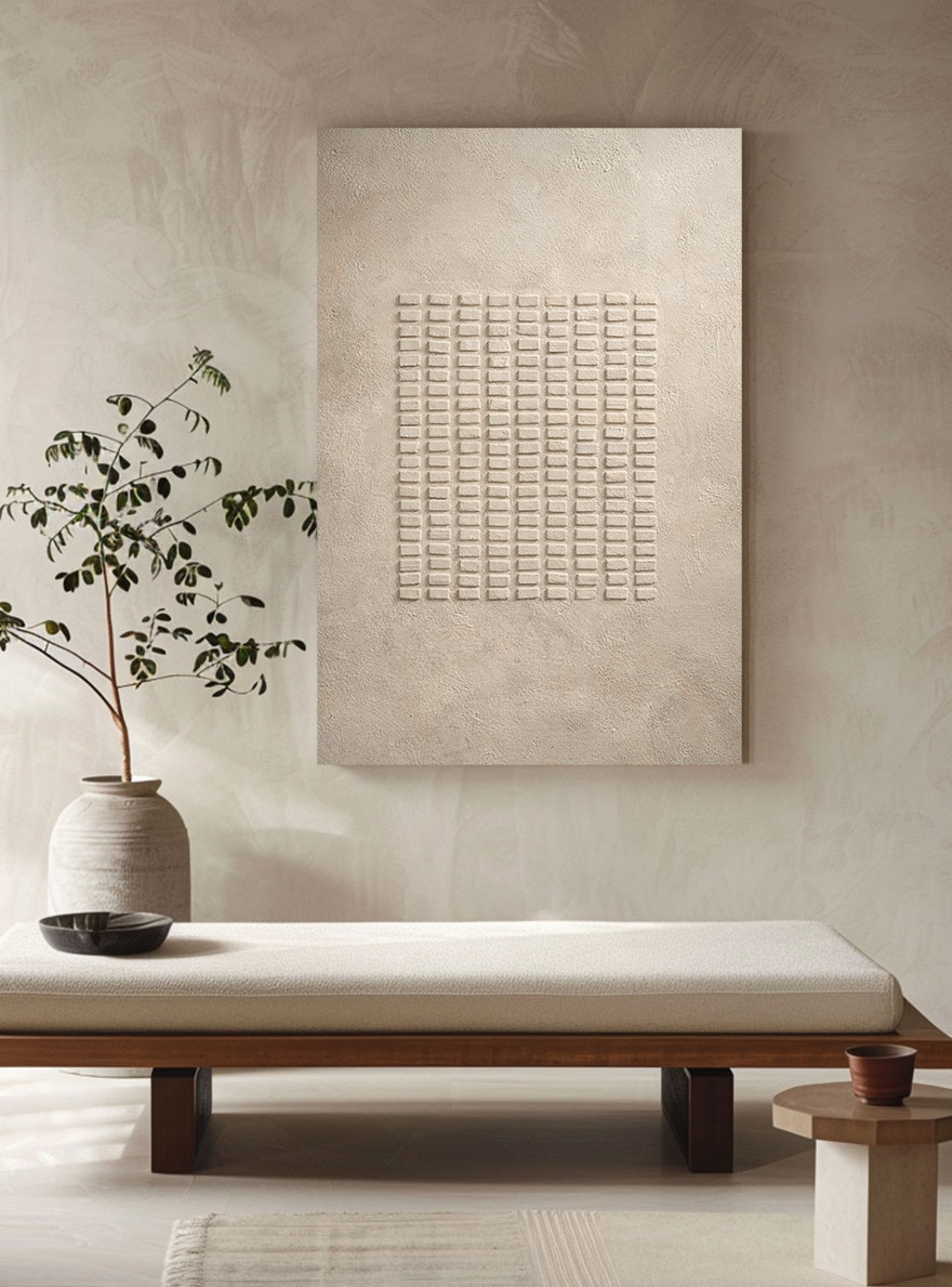 Modern Minimalist Neutral Beige 3D Textured Geometric Lines Plaster Wall Art, Abstract Rectangular Grid Pattern Wabi Sabi Alternative Soft Tone Wall Decor for Calm Spaces