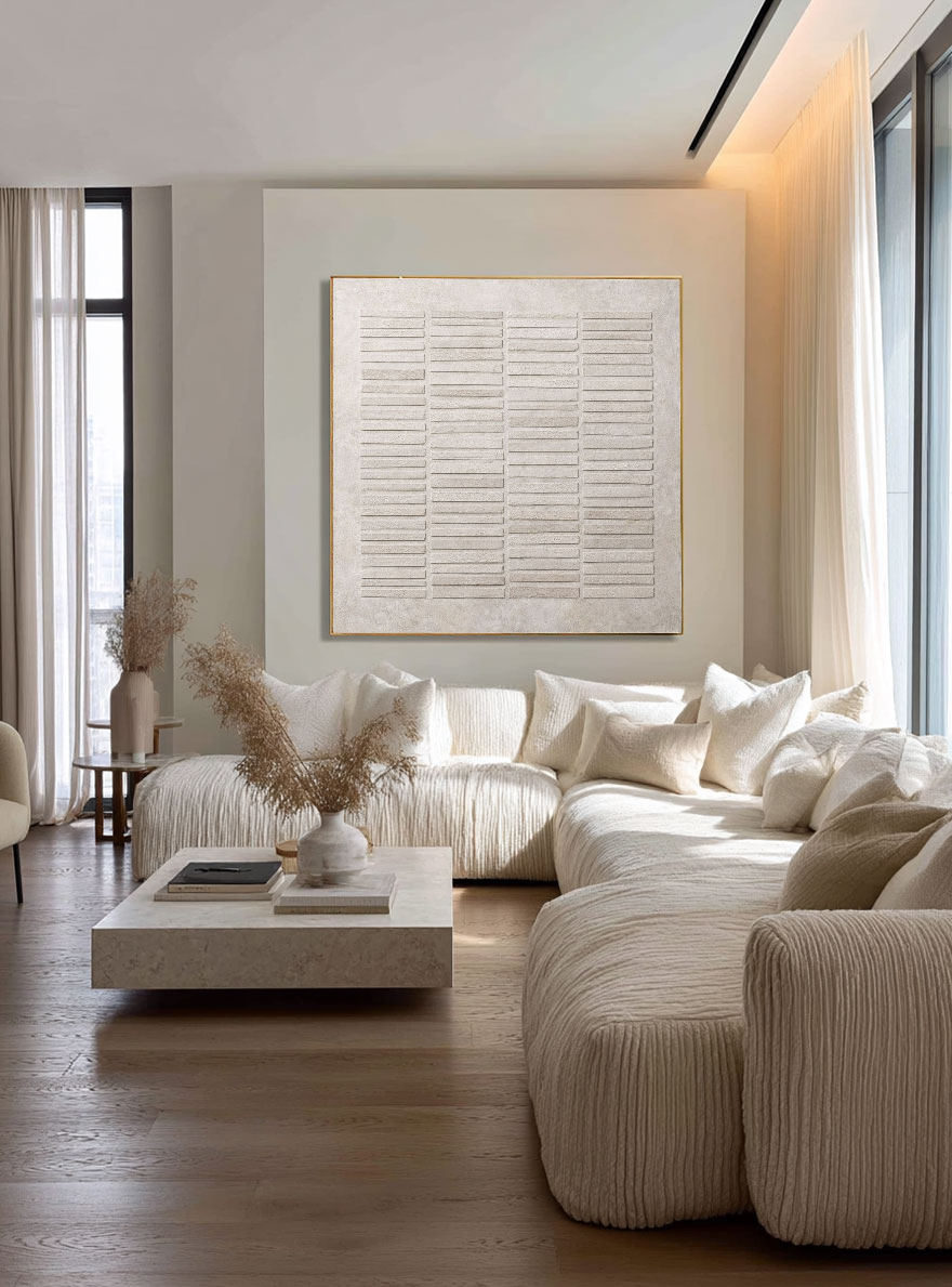 Minimalist Beige Light Grey Geometric Lines Relief Textured Plaster Abstract Wall Art Modern Neutral Decor for Home Office Living Room Bedroom Dining Room Hallway