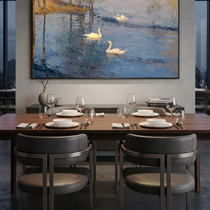 Vintage Blue Lake Swan Sunset Painting | Hand-Painted Impasto Canvas