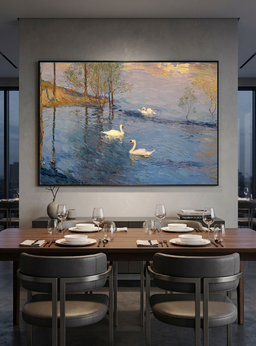 Vintage Blue Lake Swan Sunset Painting | Hand-Painted Impasto Canvas