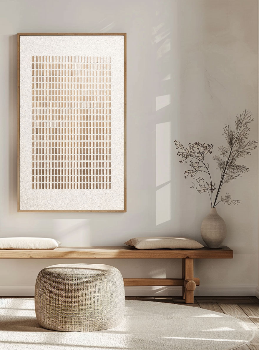Minimalist Abstract Geometric Beige White Gradient Line Grid Textured Canvas Wall Art Neutral Tone Modern Home Office Living Room Decor#TW187