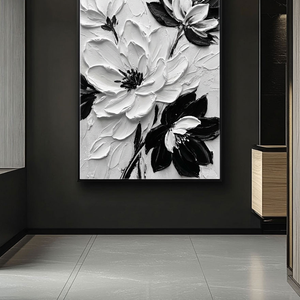 Black and White Textured Floral Wall Art Abstract Thick Paint Impasto Flower Painting Modern 3D Floral Artwork for Living Room Bedroom Dining Room Office Home Decor