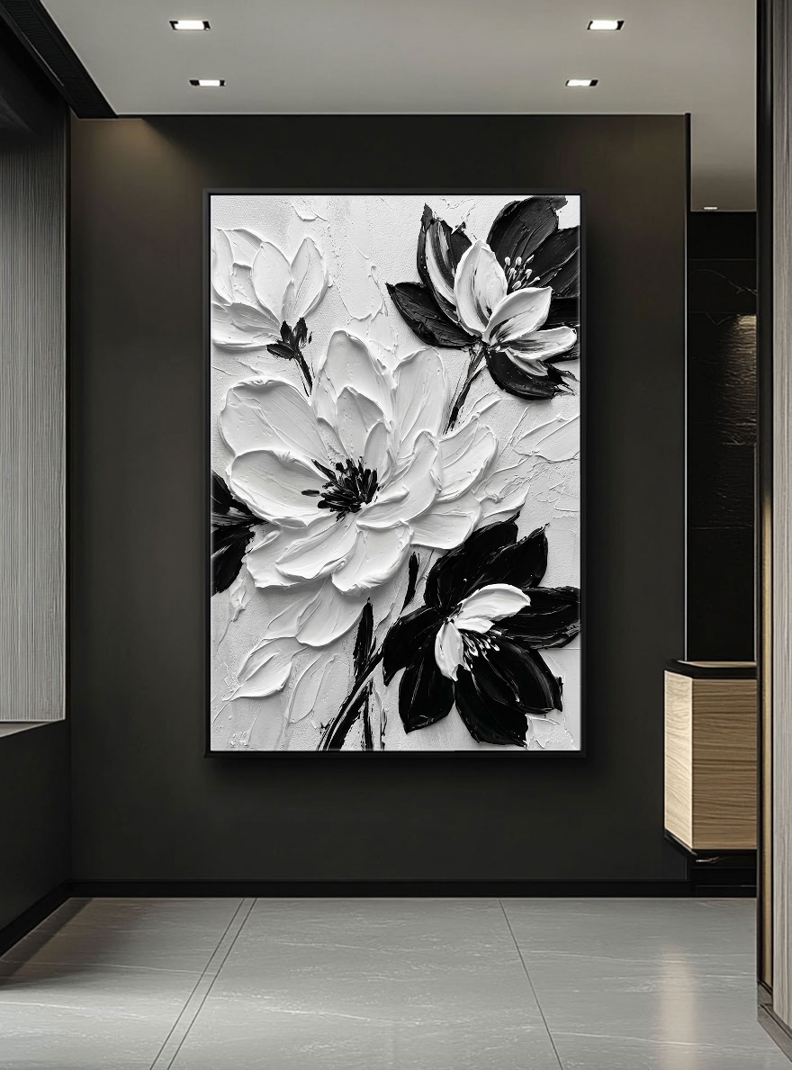 Black and White Textured Floral Wall Art Abstract Thick Paint Impasto Flower Painting Modern 3D Floral Artwork for Living Room Bedroom Dining Room Office Home Decor